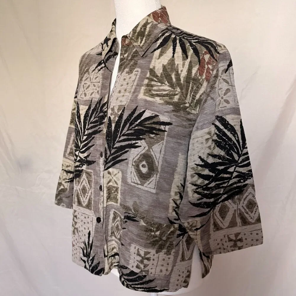 Vtg Chico's Design silk linen button down blouse size 1/M gray tropical leaf